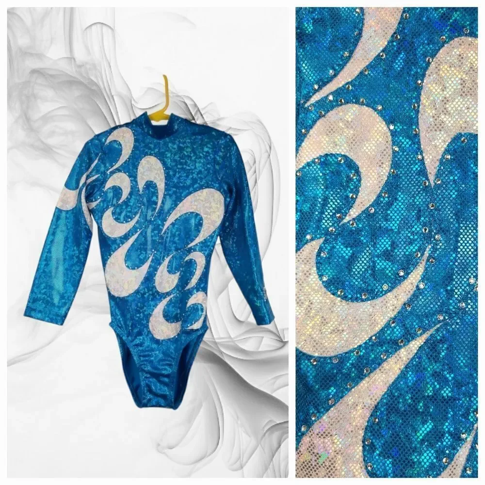 Turquoise Sparkle Gymnastics Leotard Holographic Rhinestone Long Sleeve Girl CLA